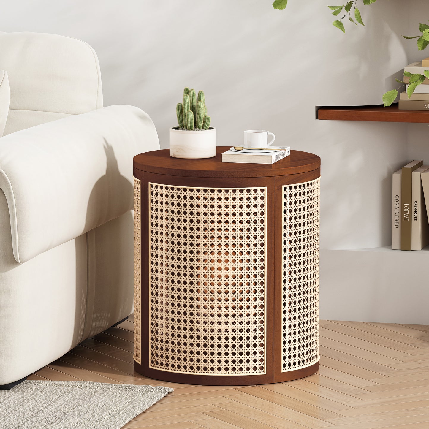 15.70  Round End Table, Hollow Woven Side Table, Small Rubber Wood Nightstand, Rattan Woven Tea Desk, Round Wood Tabletop, Chic Home Decor Desk, Easy Assembly, Dark Brown Color