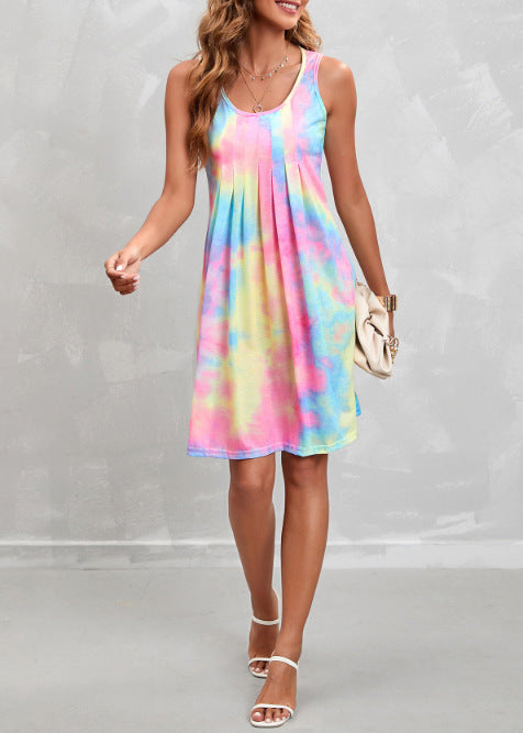 Beauty Clothing Sleeveless Round Neck Pleated Tie-dye Print Dress