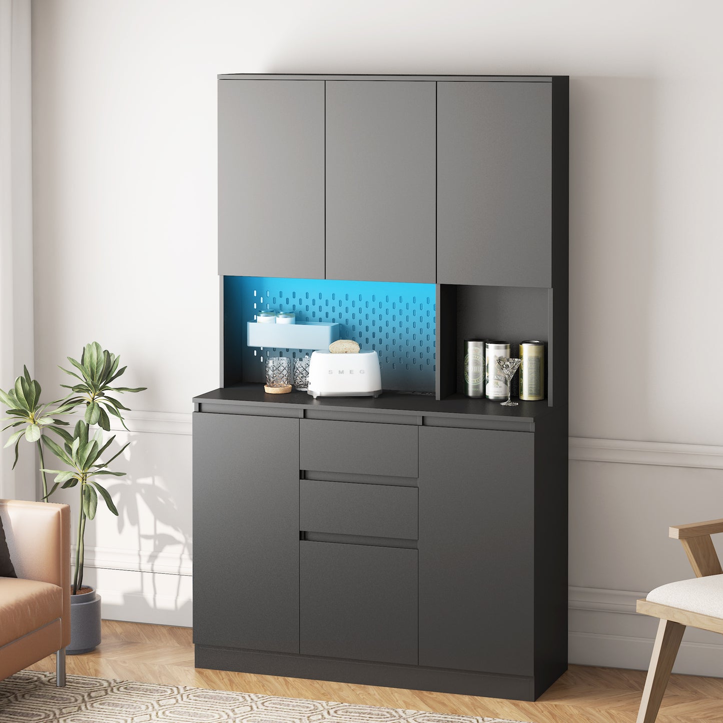 74  Freestanding Kitchen Pantry Cabinet Cupboard With 6 Doors,3 Shelves And 2 Drawer,Versatile Wardrobe & Kitchen Cabinet,Craft Storage Cabinet,Laundry Room Storage For  Kitchen Black