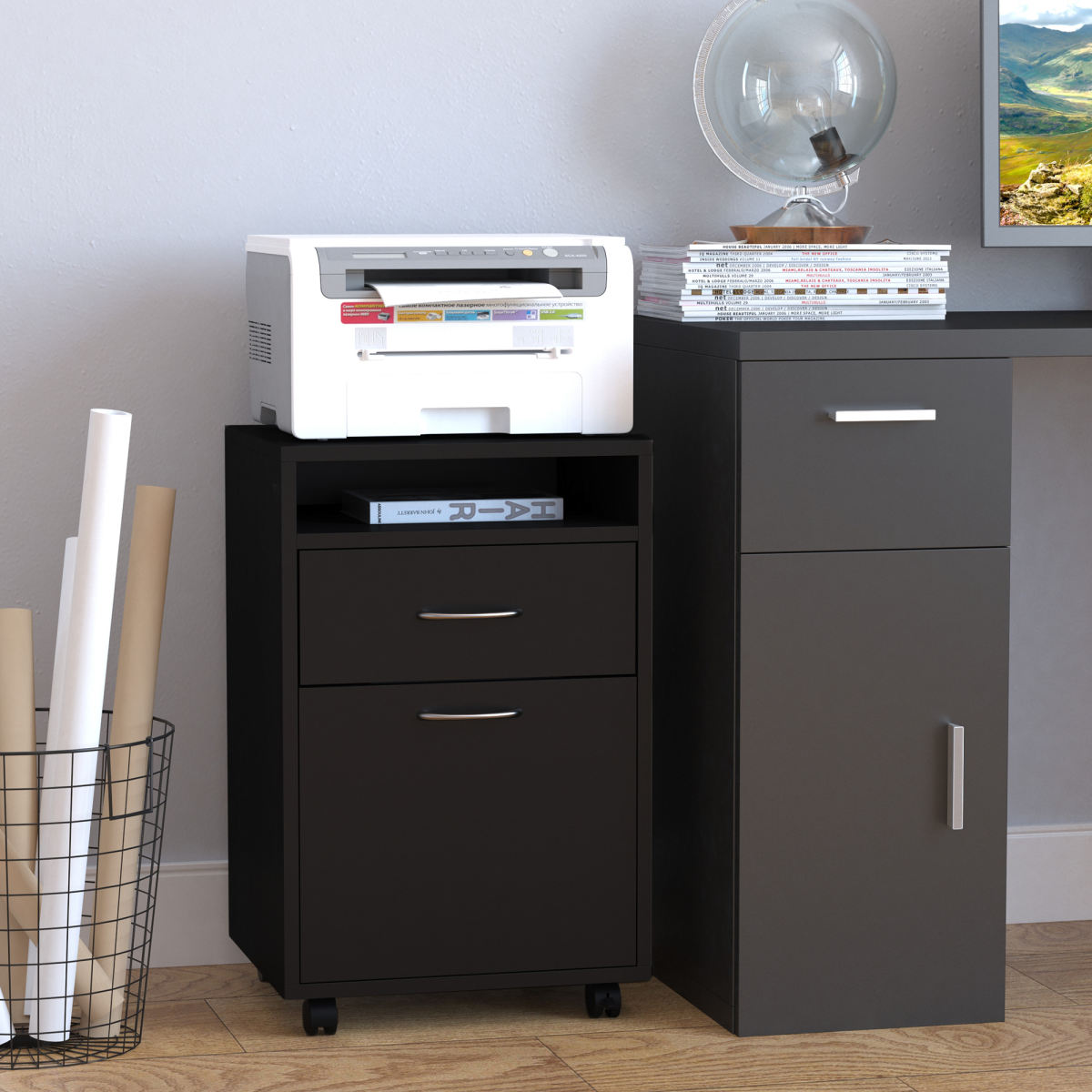 Mobile Storage Cabinet Organizer with Drawer and Cabinet, Printer Stand with Castors, Black