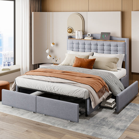 Upholstered Bed 140x200 Cm, Bedside Table With USB Charging Port And Shelf, Double Flat Bed With 4 Drawers, Linen Fabric Grey