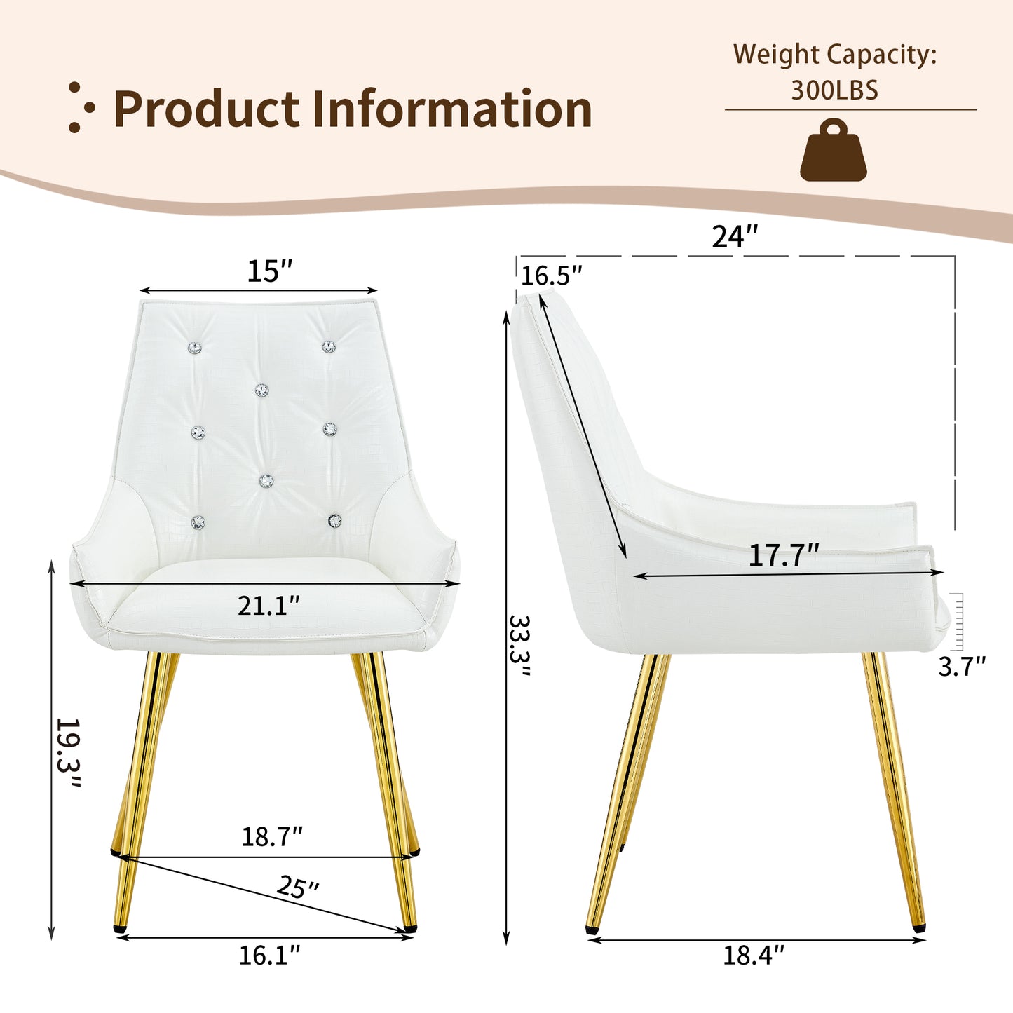 Pattern Premium PU Leather Accent Chair, Diamond Decor Backrest, Chrome Golden Metal Legs & High-Resilience Sponge Cushion  Versatile For Office, Dining Room & Living Room  White, Set Of 2