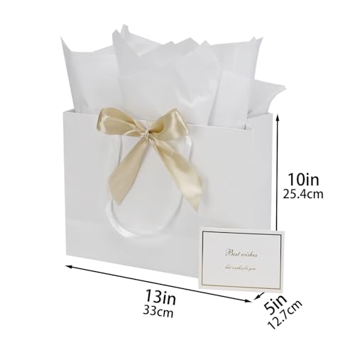 Papertide 2 Pack 13x5x10 Inch Large White Gift Bag Set with Tissue Paper, Greeting Card & Ribbon, Big Gift Wrapping Kits f...