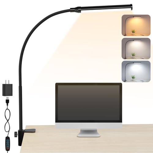ShineTech LED Desk Lamp with Clamp, Clip On Desk Lamp for Home Office, 3 Color Modes & Stepless Dimming, Flexible Goosenec...