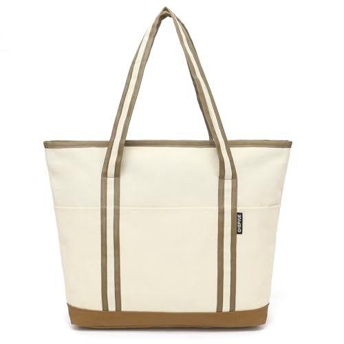 QYEPYUE Large Canvas Tote Bag for Women, Beach Bag with Zipper, Utility Tote Bag with 3 Front Pockets, Weekender Pool Bag