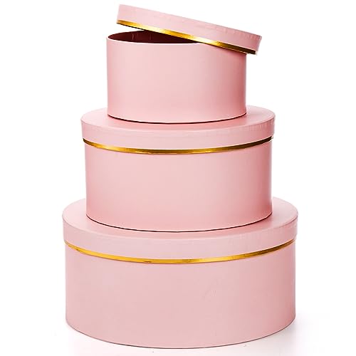 Coloch 3 Pcs Round Gift Boxes with Lid, Pink Flower Box with Golden Rim Nested Party Favor Boxes for Flower Arrangement, B...