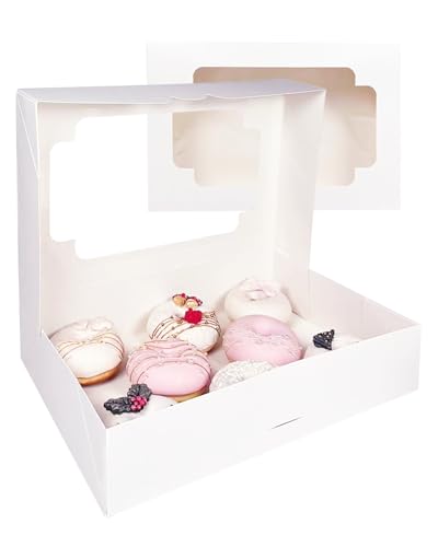 qiqee Auto-pop up 12x8x2.5 inch White Cookie Box with Window 15 Packs Two Uses One Second Folding Pastry Biscuit Bakery Bo...