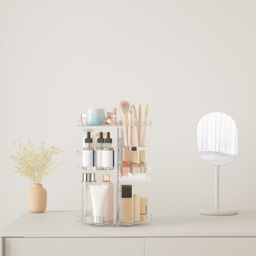 Rotating Makeup Organizer, DIY 8 Adjustable Layers Spinning Skincare Organizer, Cosmetic Display Case with Brush Holder Pe...