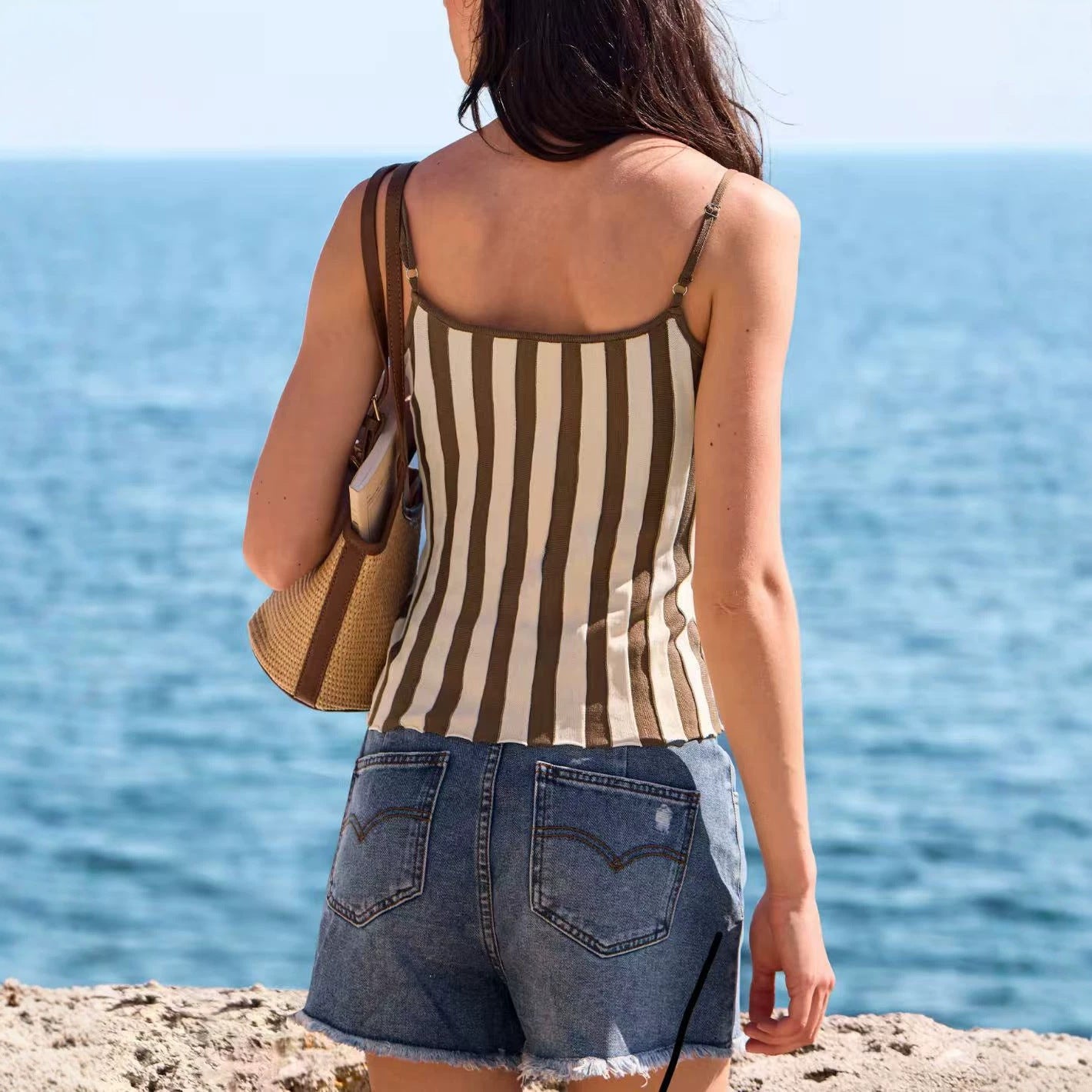 New Striped Knitted Camisole With Wooden-bead Straps For Women
