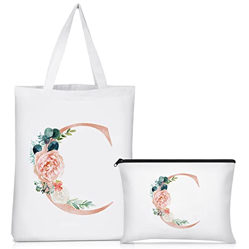 Sanwuta 2 Pcs Initial Canvas Tote Bag Wedding Gift Floral Letter Travel Cosmetic Bag Monogrammed for Woman Wedding
