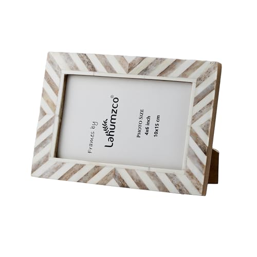 Lahumzco 4x6 Handmade Chevron Picture Frame – Brown & White Bone Inlay Design | Rustic Photo Frame for Tabletop & Wall, De...