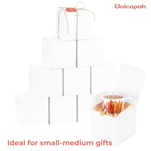 UnicoPak 10 Pack 5x5x5 Gift Boxes, Sturdy Small White Gift Boxes for Presents, Ornaments, Candles, Mugs, Easy Pop-up Assem...