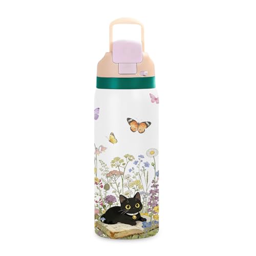 NIWPKDCE Cat 32oz Water Bottle Gift for Cat Lover, Flower Stainless Steel Insulated Tumbler with Handle & 2-in-1 Leak Proo...
