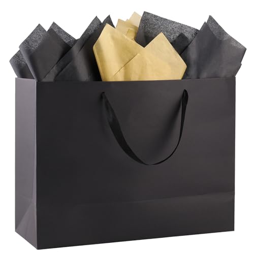 Addblu 3 Pack Extra Large Black Gift Bags with Handles - Includes 9 Tissue Papers, 16x6x12 Inches for Men Birthday Party, ...