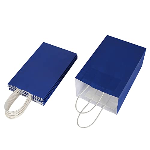 Oikss 100 Pack 5.25x3.25x8.25 Inch Small Royal Blue Kraft Paper Bags with Handles Bulk for Birthday Wedding Party Favors G...