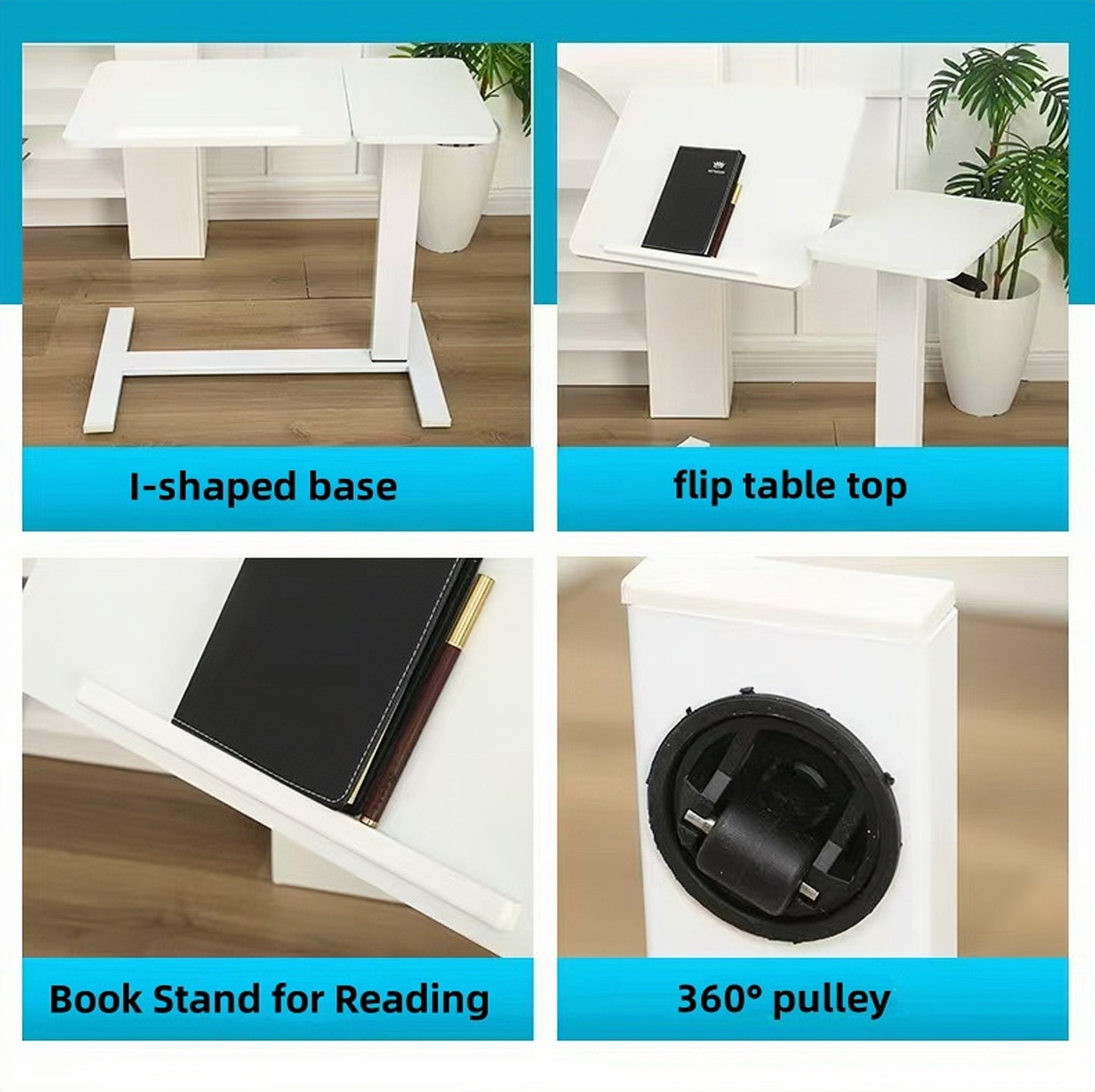 Overbed Bedside Desk, Mobile Rolling Laptop Stand Tilting Overbed Table With Wheels, Height Adjustable Tray Table For Laptop Bed Sofa Side Table, Bedside Table WHITE