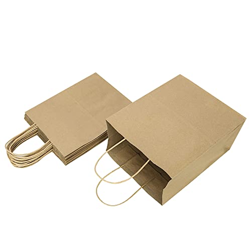 Oikss 100 Pack 8x4.75x10 Inch Medium Brown Kraft Paper Bags with Handles Bulk for Wedding Birthday Party Favors Grocery Re...