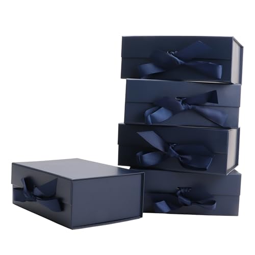 MEIANJU Dark Blue Gift Boxes 8.7*W6.5*H3.5inch with Ribbon Foldable Magnetic Gift Boxes Set of 5 Glossy Finish Magnetic Bo...