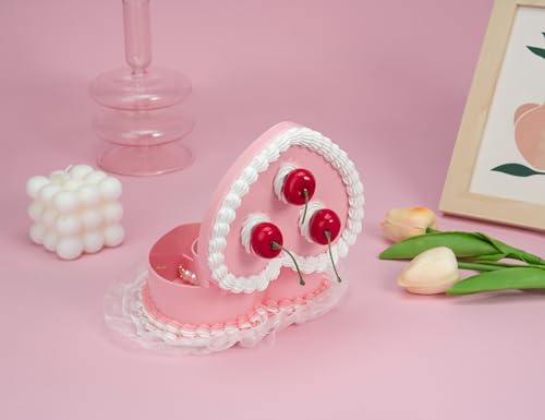 Stylor Coquette Room Decor Aesthetic, Heart Shaped Jewelry Box for Girls, Fake Cherry Pink Cake, Cute Kawaii Decorative St...