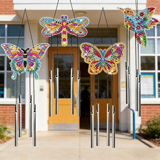 Butterfly Craft Kit, 4-Piece Diamond Painting Wind Chime Set With Colorful Stones & Bells, Creative Craft Supplies For School Projects & Art Class, Craft Kit For Kids' Desk Name Tags
