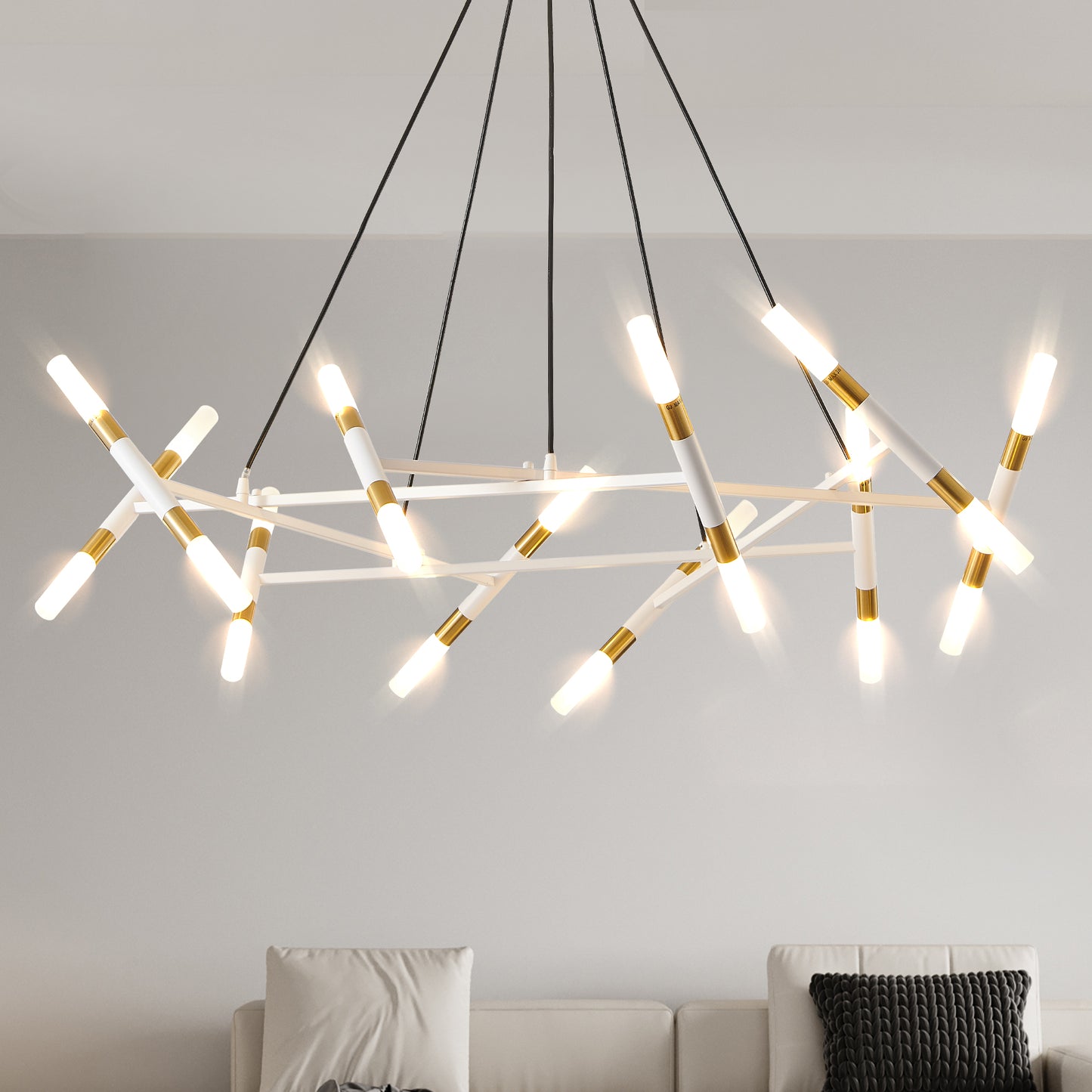 41  White & Golden Modern Chandelier Light Fixture, Branch Design With Frosted Tubes, Black Cords, Adjustable Height Pendant Light For Dining Room, Living Room, Or Kitchen Island Bulb Not Included