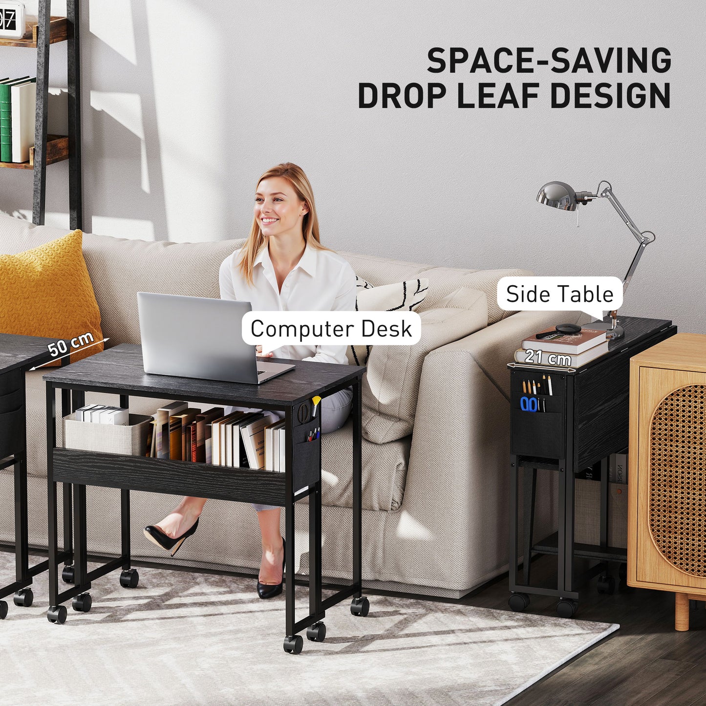 Folding Computer Desk, Foldable Desk with Storage Bag, Shelf and Wheels for Small Spaces, Home Office, Black