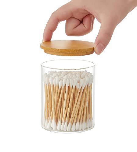 INIUNIK Glass Qtip Holder Dispenser with Bamboo Lid - 2 Pack Apothecary Jars - Cotton Balls Pads Swabs Holder Jar - Bathro...