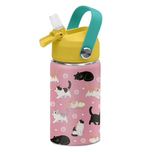 Cat Water Bottle for Girls, 12 Oz Stainless Steel Tumblers for Women with Straw Lid and Handle, Mugs for School or Travel,...