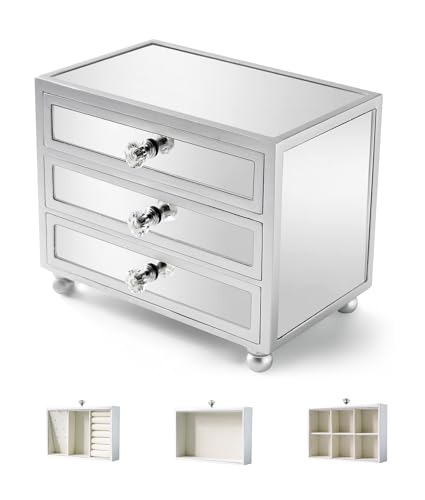 Gifturbo 3 Layer Mirrored Glass Jewelry Box, Large Capacity Women's Storage Box with Velvet Interior and Crystal Handle
