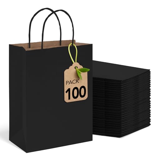 MESHA 100 Pack Black Gift Bags 8x4.25x10.5 Inch Kraft Paper Bags with Handles Bulk Craft Bag Medium Size for Wending Birth...
