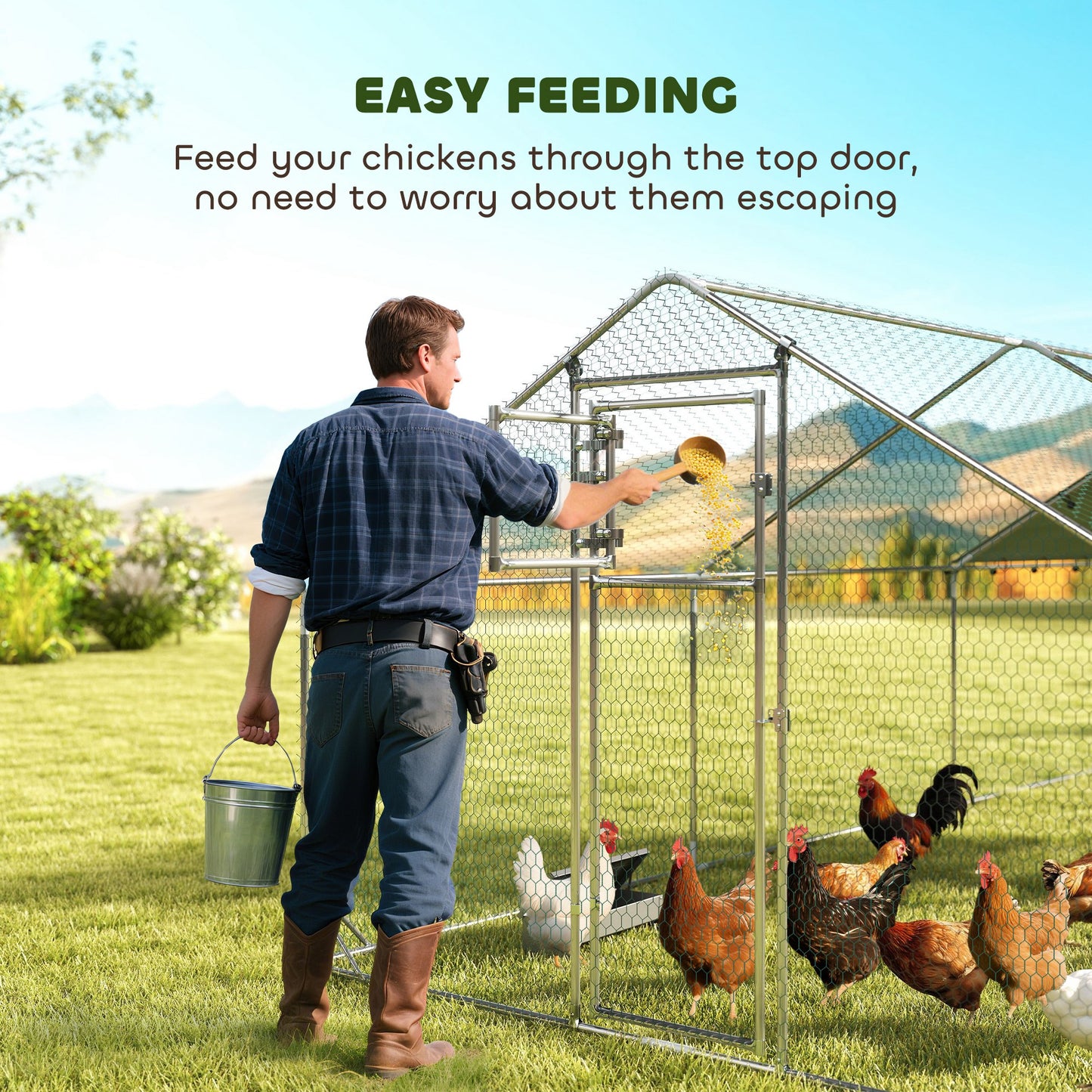 Metal Chicken Run w/ Waterproof & Anti-UV Cover, Feeding Door, Hanging Feeder, for 18-24 Chickens, 9.8 x 19.7 x 6.4