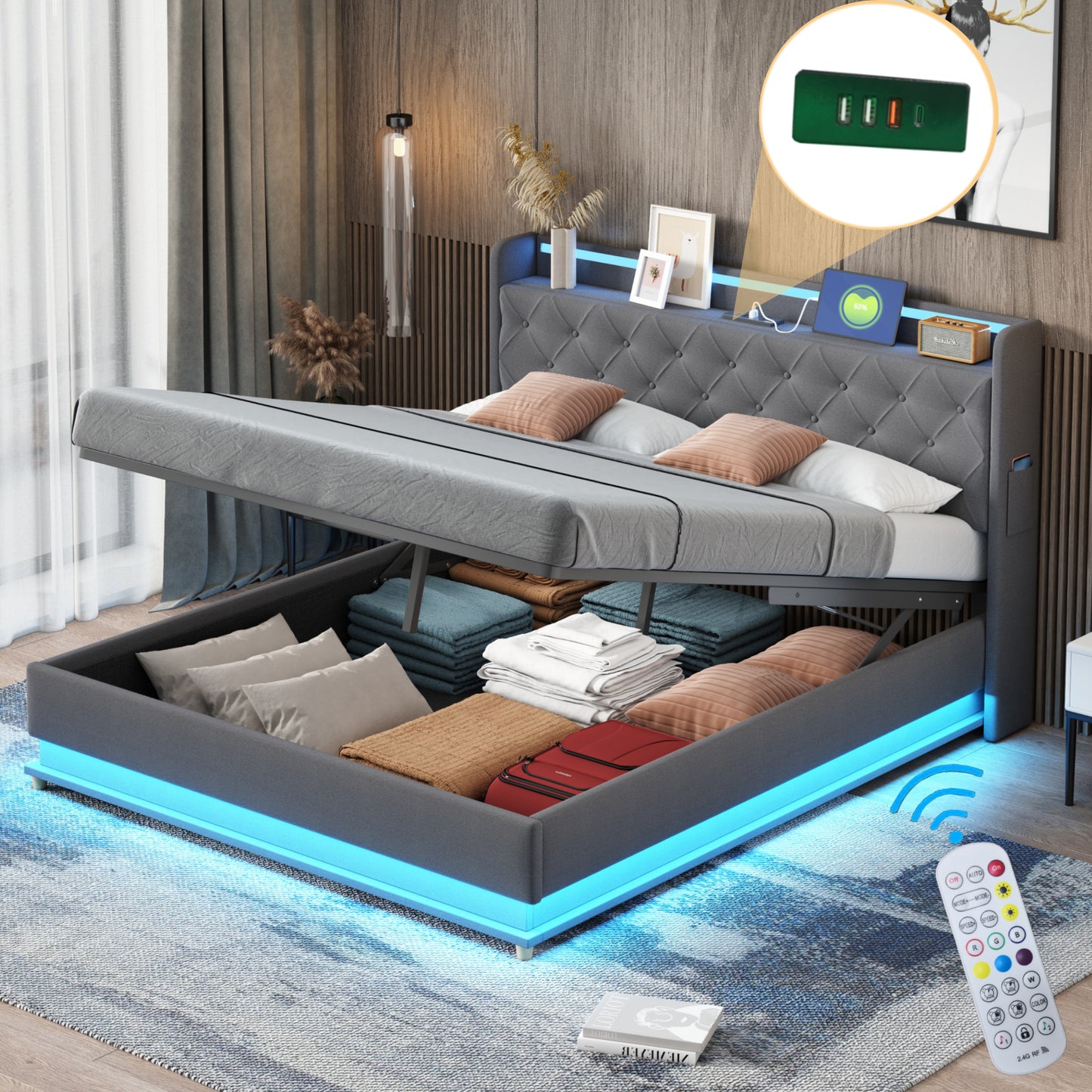 LED Upholstered Bed 160X200 Cm With USB Charging Port And Hydraulic Storage, Skin-friendly Linen Fabric Grey