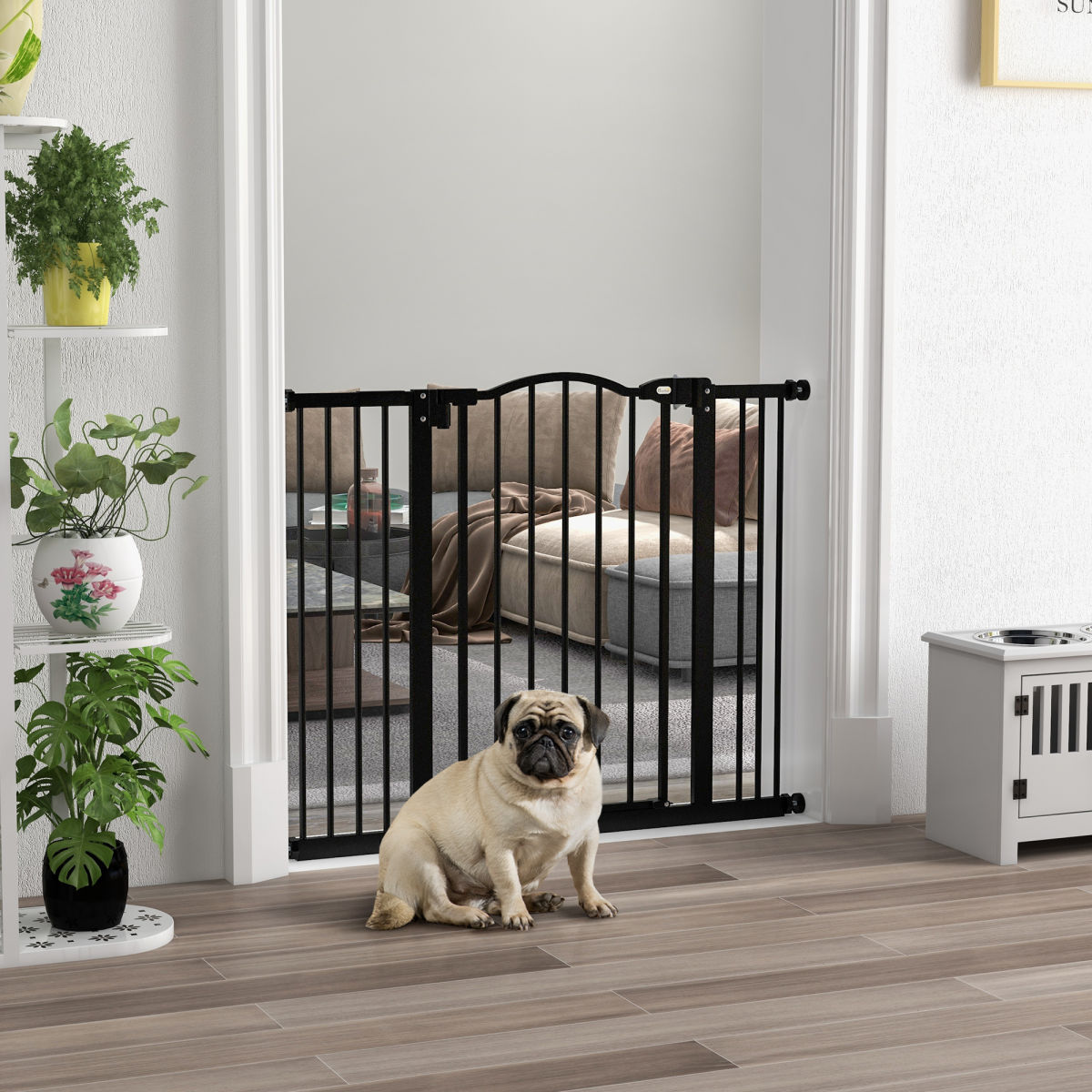 PawHut Metal 74-100cm Adjustable Pet Gate Safety Barrier W/ Auto-Close Door Black