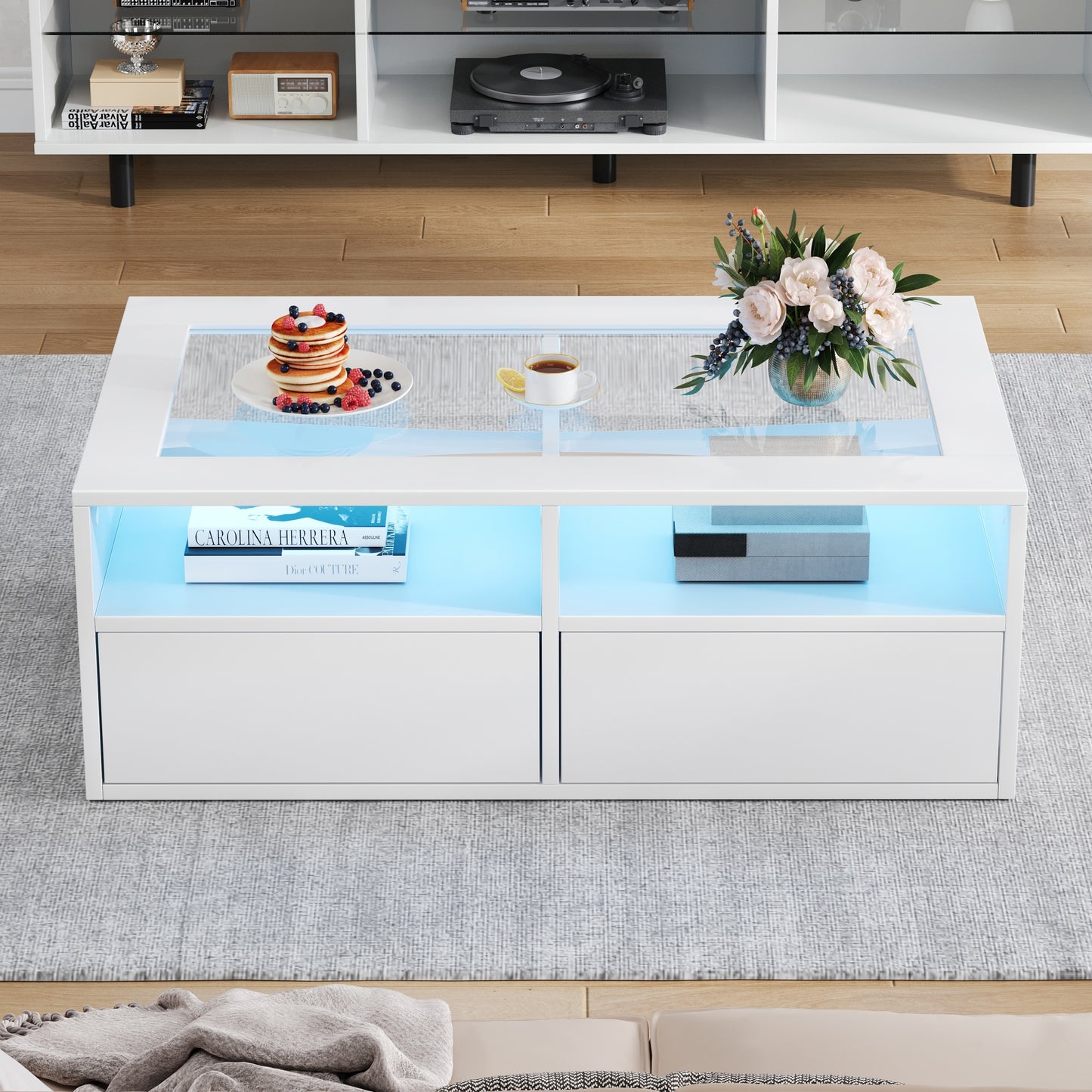 100x50x35cm Coffee Table With LED Light, Sofa Table With 2 Drawers, Glass Living Room Table, Tea Table Double Layer Design, Open Storage Space, Living Room Side Table, White