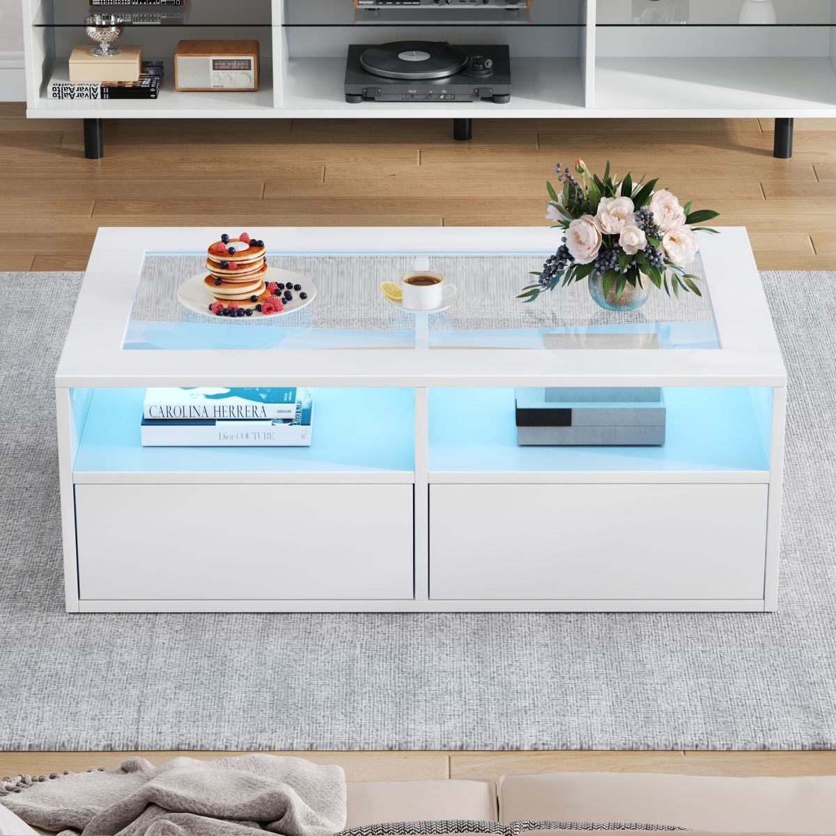 100x50x35cm Coffee Table With LED Light, Sofa Table With 2 Drawers, Glass Living Room Table, Tea Table Double Layer Design, Open Storage Space, Living Room Side Table, White