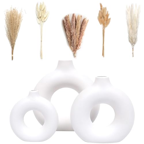 VELOVA Set of 3 White Ceramic Vase with 65 PCS Dried Pampas Grass Flowers Aesthetic Boho Modern Small Round Cute Vases for...