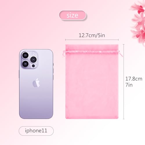 FUNFERY 100 Pcs Pink Organza Bags 5x7 in, Small Mesh Drawstring Gift Bags for Sachet, Jewelry, Candy, Wedding Favor, Valen...