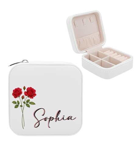 Personalized Birth Flower Jewelry Box for Women, Custom Name Leather Travel Jewelry Organizer Case, Mothers Day Gift for M...