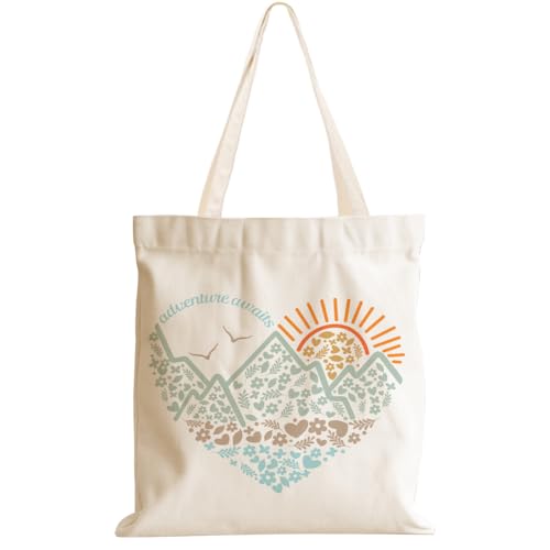 jeilink Cute Mountain Adventure Sunshine Canvas Tote Bag Camping Gifts Weekender Grocery Bags for Women Girls