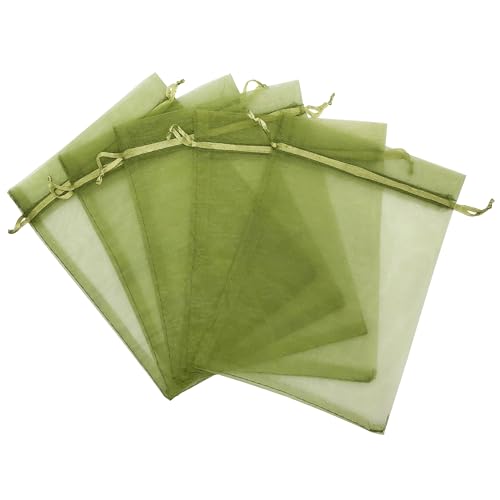 Jexila 100PCS Organza Bags 4''X6'' Olive Green Small Mesh Gift Bags with Drawstring for Jewelry, Party Favor, Candy, Fruit...
