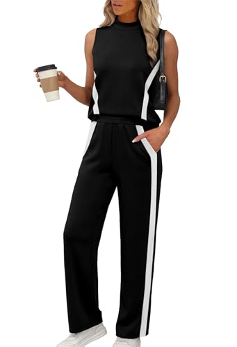 XIEERDUO Two Piece Sets for Women Summer Outfits Travel Mock Neck Lounge Sets Wide Leg Pants Beach Vacation Clothes