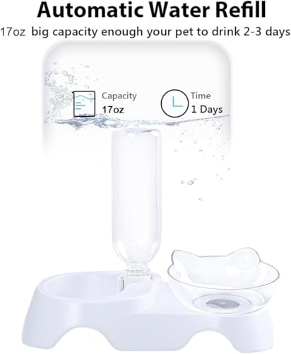 MILIFUN Double Dog Cat Bowls - Pets Water and Food Bowl Set, 15°Tilted Water and Food Bowl Set with Automatic Waterer Bott...