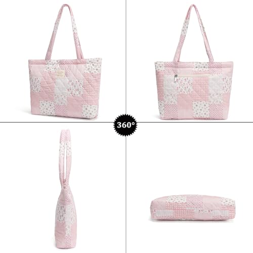 Ecohaso Quilted Tote Bag for Women, Cute Tote Bag with Top Zipper for College Work Travel Casual Shoulder Bag Purse handbags
