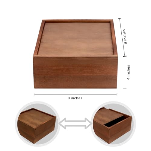 PIG AND TURTLE Large Wooden Box - 8x8x4 Inch Solid Wood Slide-Top Storage Box, Wooden Keepsake Chest with Lid, Decorative ...