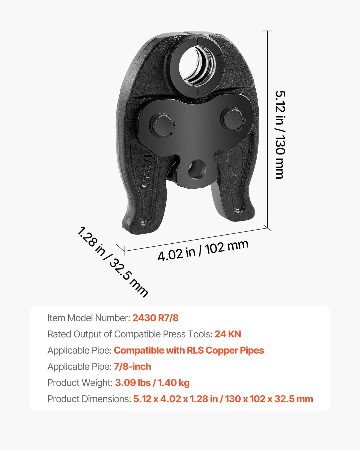 7/8" Press Jaw For Compact Series Press Tools, 52 HRC Hardened Steel Pressing Jaw For High Pressure HVAC/R Applications - Compatible With 24KN Press Tools For RLS Copper Pipes Connections