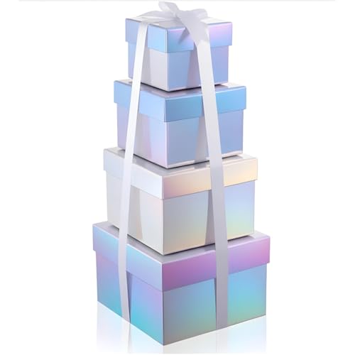 Fulmoon 4 Pack Holographic Silver Square Nesting Gift Boxes with Lids Set Assorted Sizes 7in 6in 5in 4in with Ribbon for W...