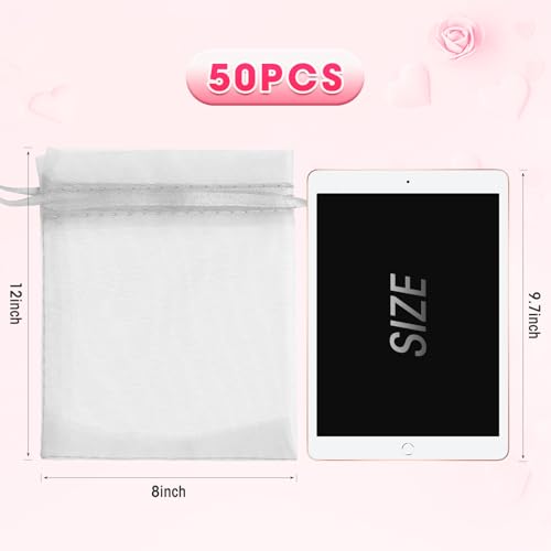 ANZNKU 50 Pack White Organza Bags 8x12 in, Small Gift Bags Bulk for Wedding Baby Shower Birthday Candy Party Favors, Sheer...
