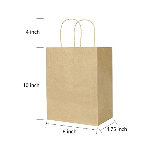 Oikss 100 Pack 8x4.75x10 Inch Medium Brown Kraft Paper Bags with Handles Bulk for Wedding Birthday Party Favors Grocery Re...