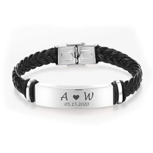 EDSG Mens Bracelet Personalized Custom Bracelets for Men Leather Engraved Bracelet Gift for Boyfriend Husband Dad Bestman ...