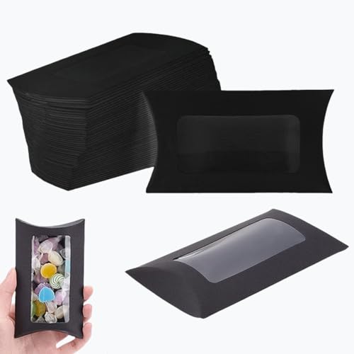 50 Pcs Pillow Gift Boxes with Windows,Kraft Paper Mini Pillow Packaging Box, Creative Favor Box Folding Treat Boxes with C...